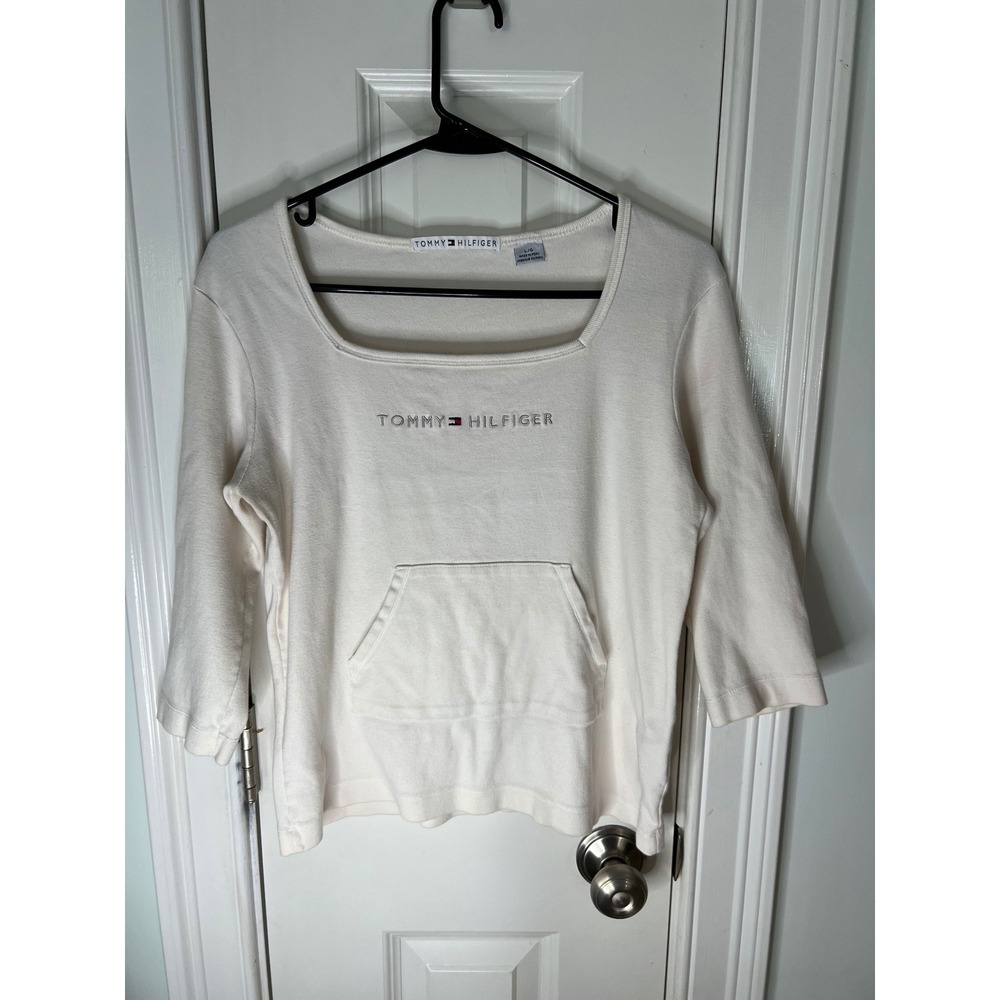 Tommy Hilfiger Vintage White Square Neck Ribbed Cotton Top Kangaroo Pocket L
